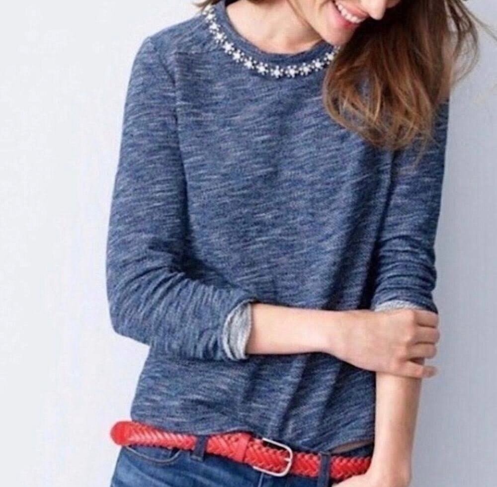J. Crew Blue Marled Jeweled Embellished Sweatshirt Size L